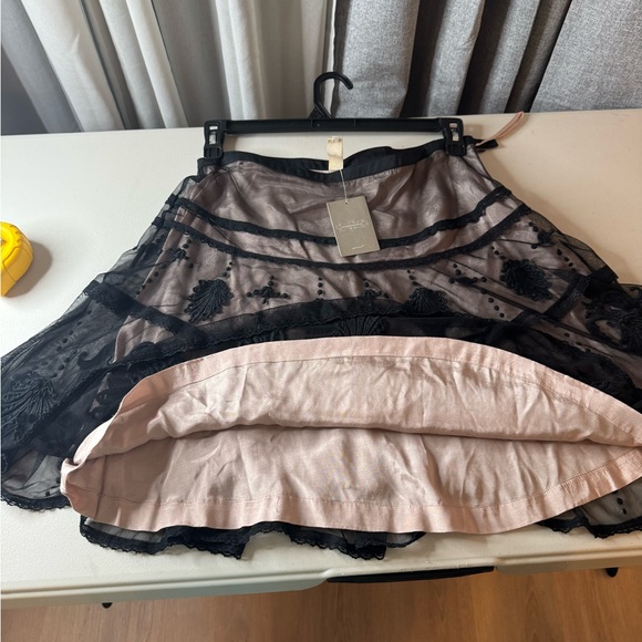 Anthropologie Black Embroidered Overlay A-Line Skirt on Nude Lining - Picture 8 of 11